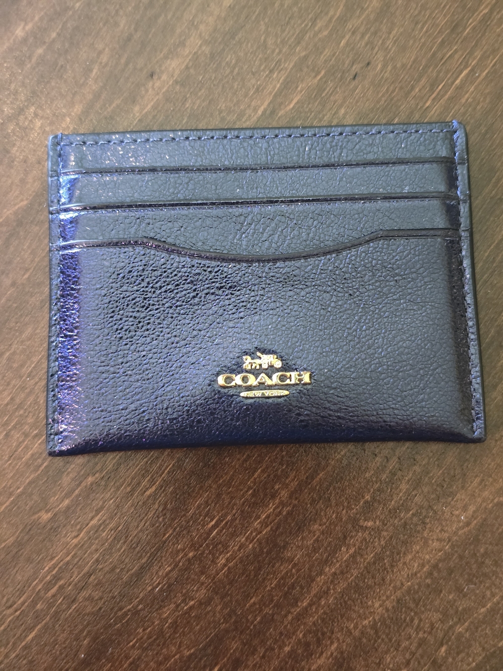 Coach NWOT Women's Metallic Blue Card Case with Gold Logo